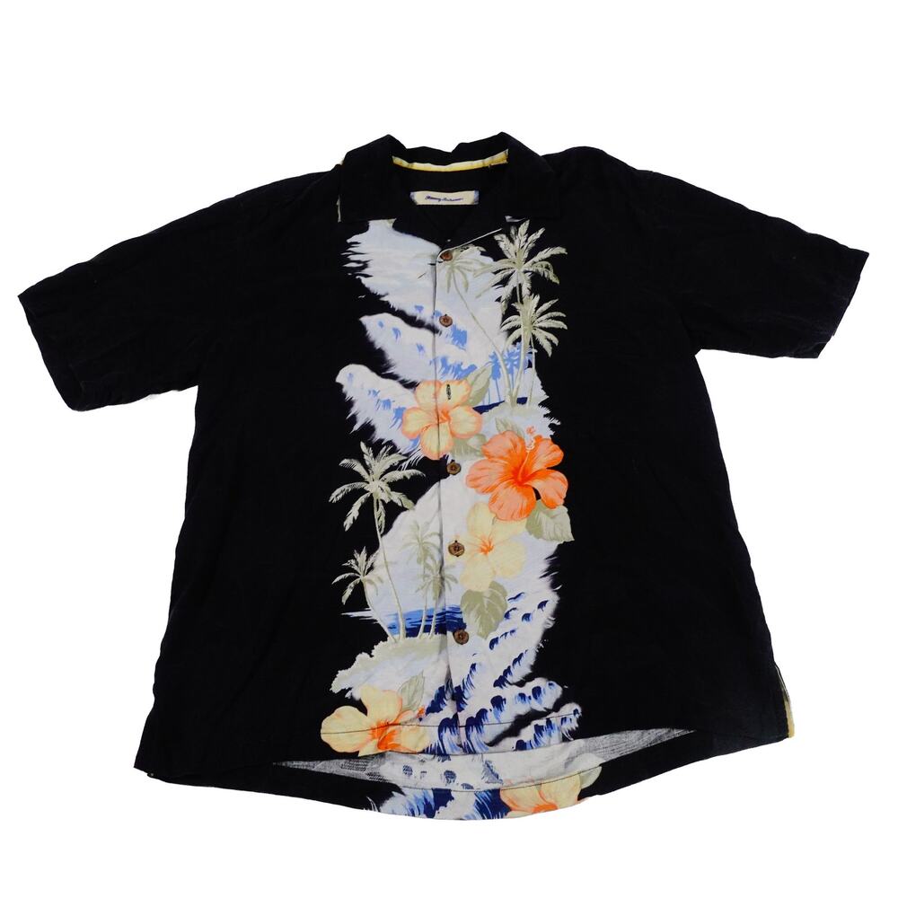 Tommy Bahama Silk Floral Leaf Black Hawaiian Button Up Camp Shirt Large